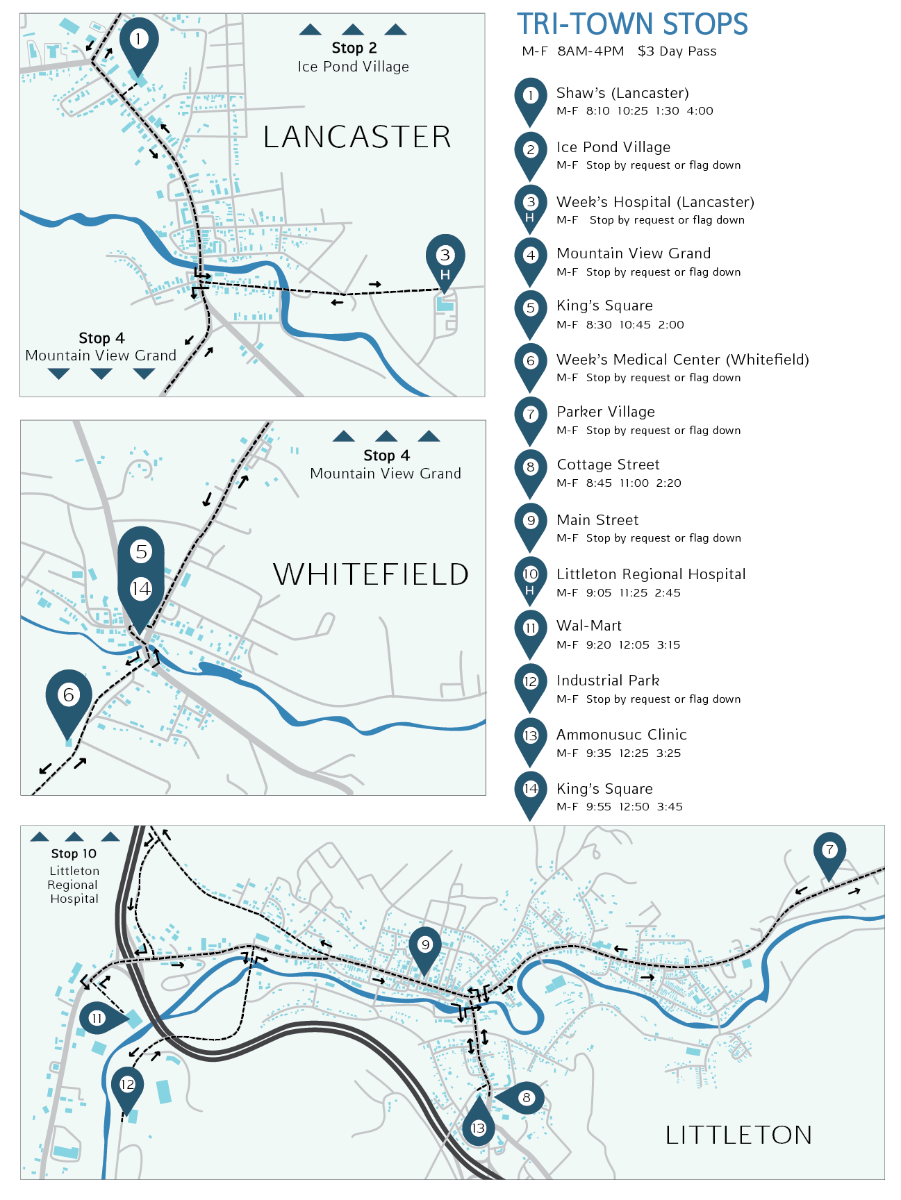 A map of the 14 stops along the Tri-Town Flex Route.